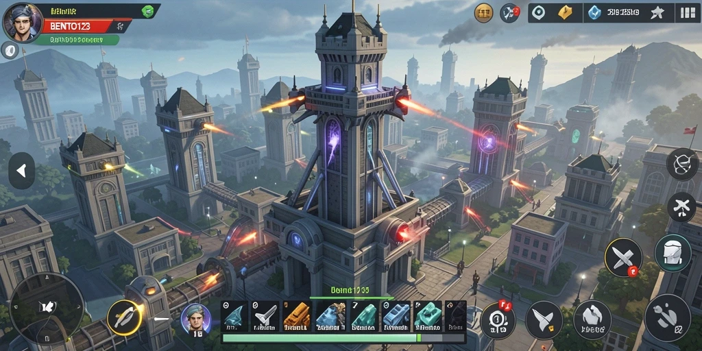 Screenshot BENTO123 menampilkan aksi seru dalam mempertahankan menara dari serangan musuh.