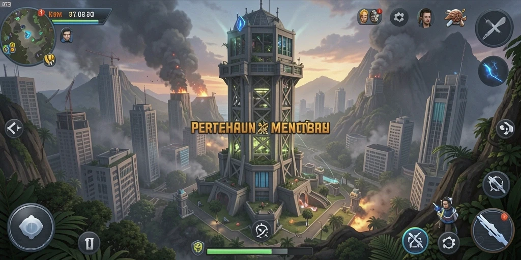 Gameplay D73 yang menegangkan dengan desain menara yang menarik.