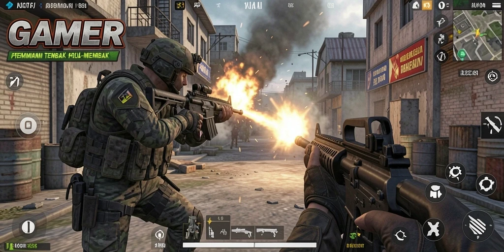 Gameplay dinamis dari GAMERP dalam aksi tembak-menembak.