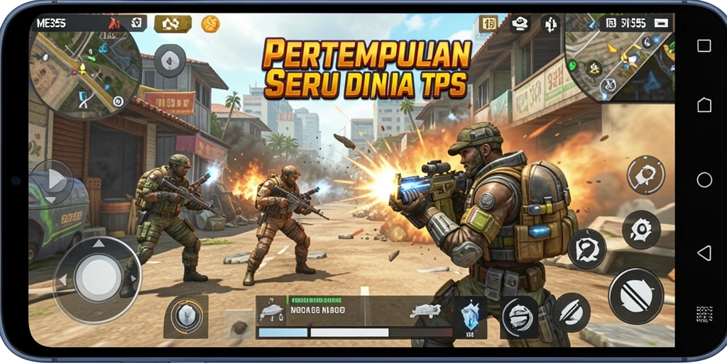 Tampilan gameplay menegangkan dalam ME355 dengan aksi tembak-menembak yang seru.