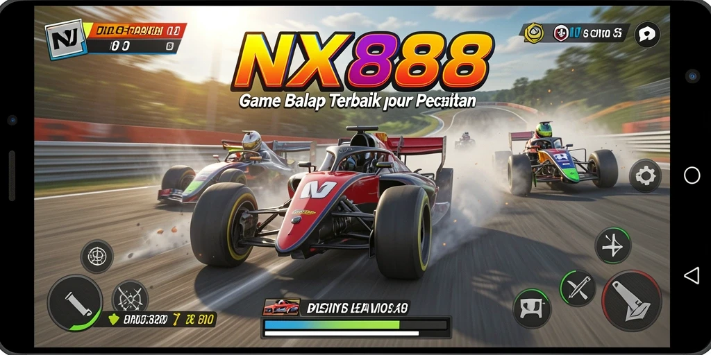 Tampilan gameplay NX888 dengan mobil balap dan trek yang menantang.