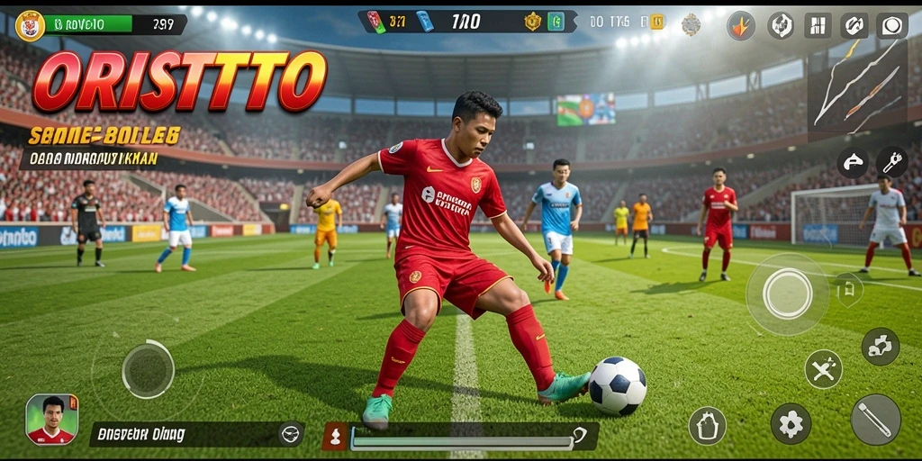Tangkapan layar utama ORISTOTO menampilkan aksi seru di lapangan sepak bola.