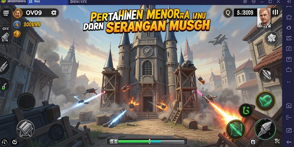 Screenshot gameplay OVO99 menampilkan pertahanan menara yang epik.