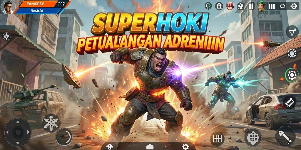Tampilan utama gameplay SUPERHOKI menampilkan aksi mendebarkan yang seru.